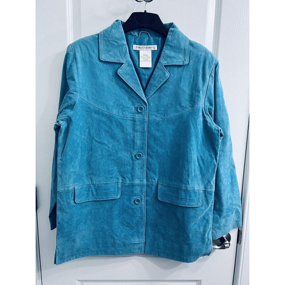 Jessica Holbrook Turquoise Blue Leather Jacket Size Medium